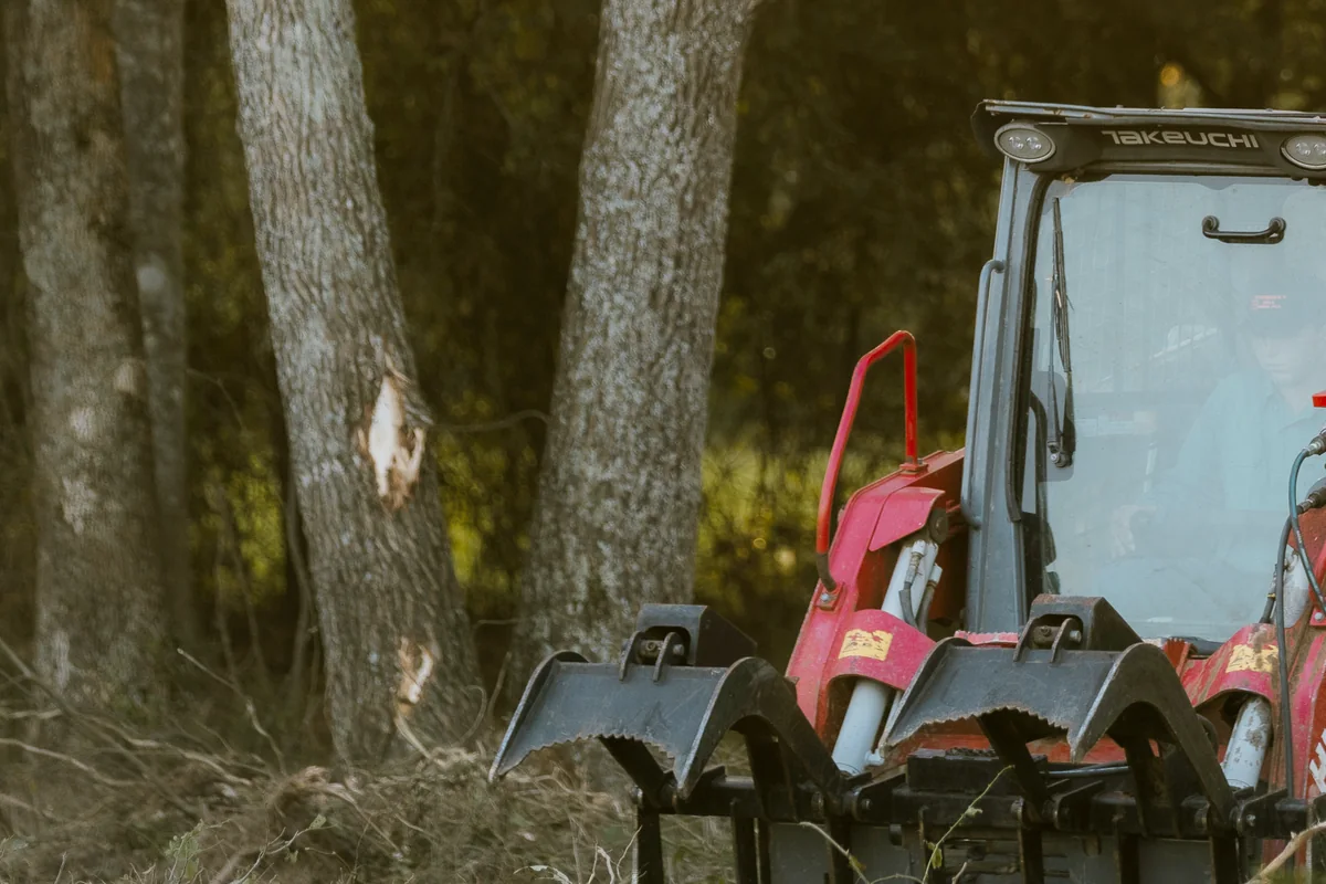 H&A operator running a grapple rake along a wooded tree line at golden hour